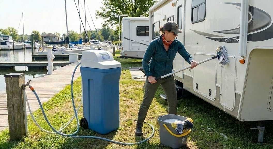 Portable water softener saves money on soap and detergent at marinas and campsites