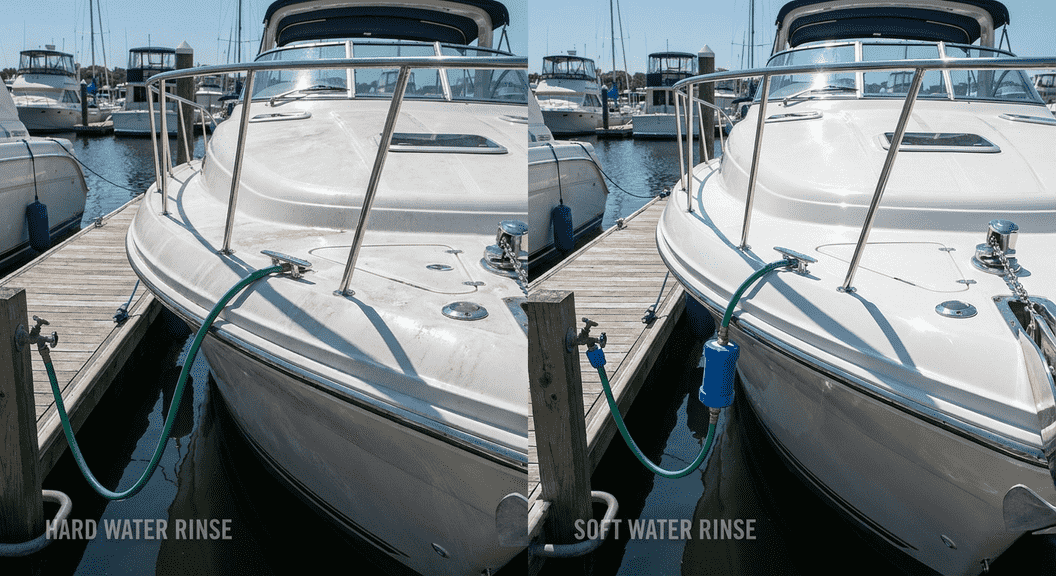 Boat with a shiny hull at the marina maintained with soft water