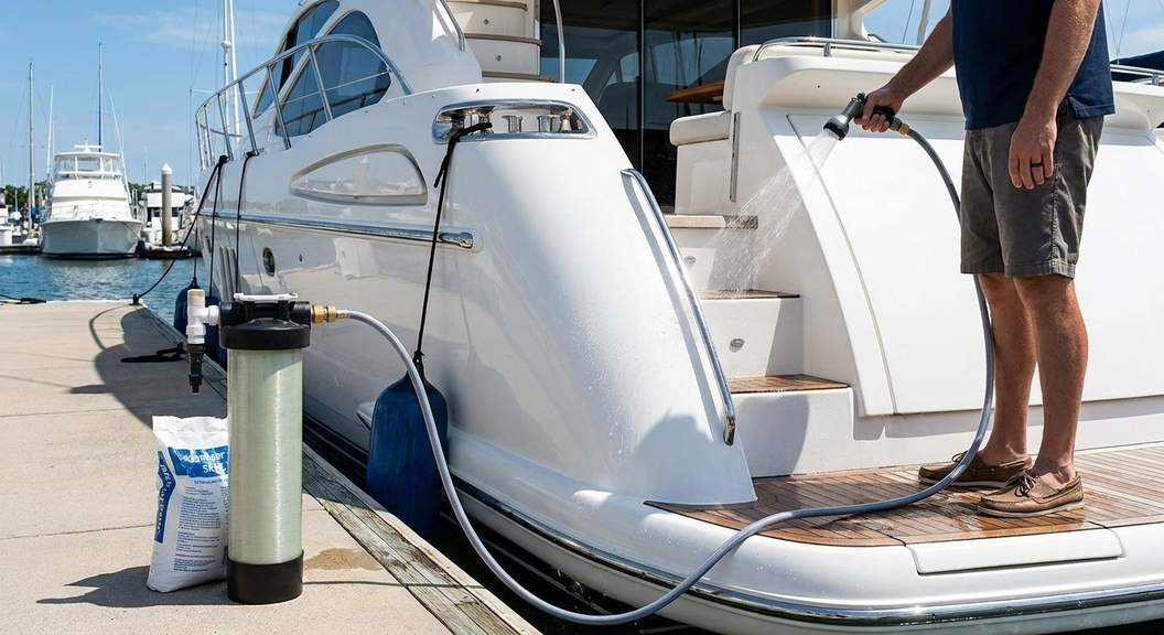 Portable water softener making yacht cleaning easier by preventing water spots and mineral buildup